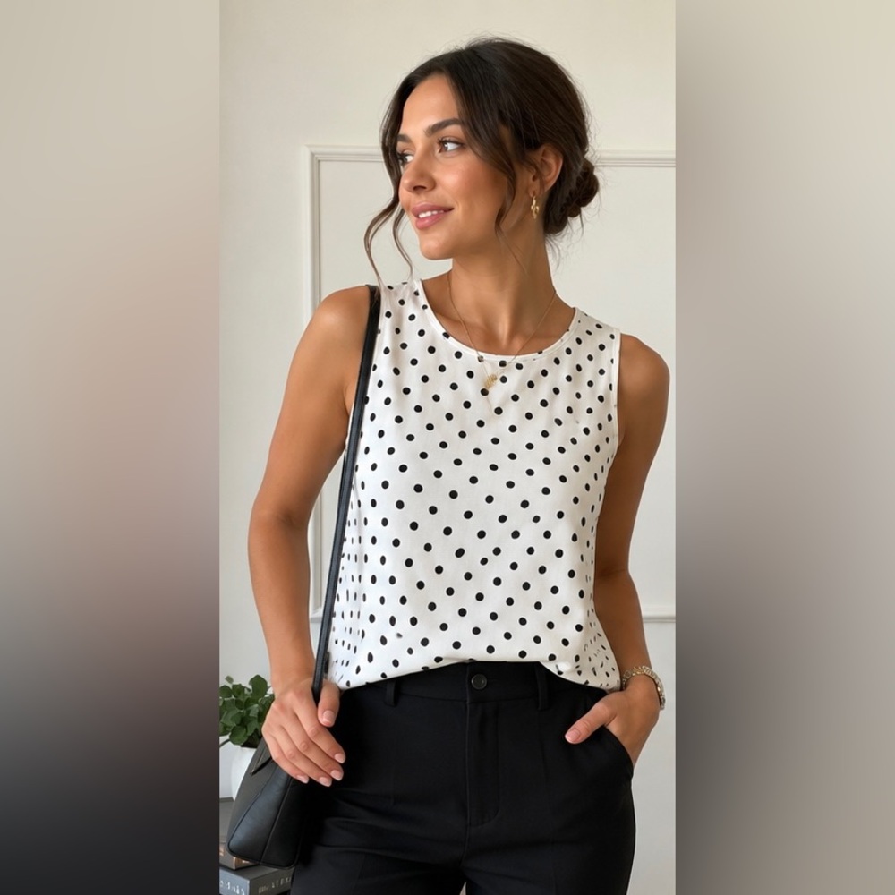 Ann Taylor White Black Polka Dot Sleeveless Shell Top Career Classic Size Medium